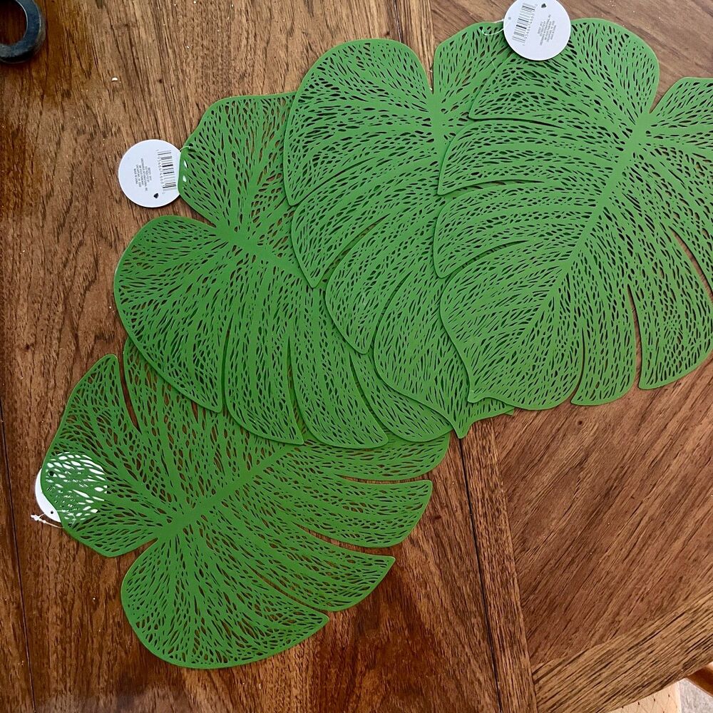 Placemats Set 4 Green Leaves Vinyl Monstera Jungle Spring Summer Rubber NWT
